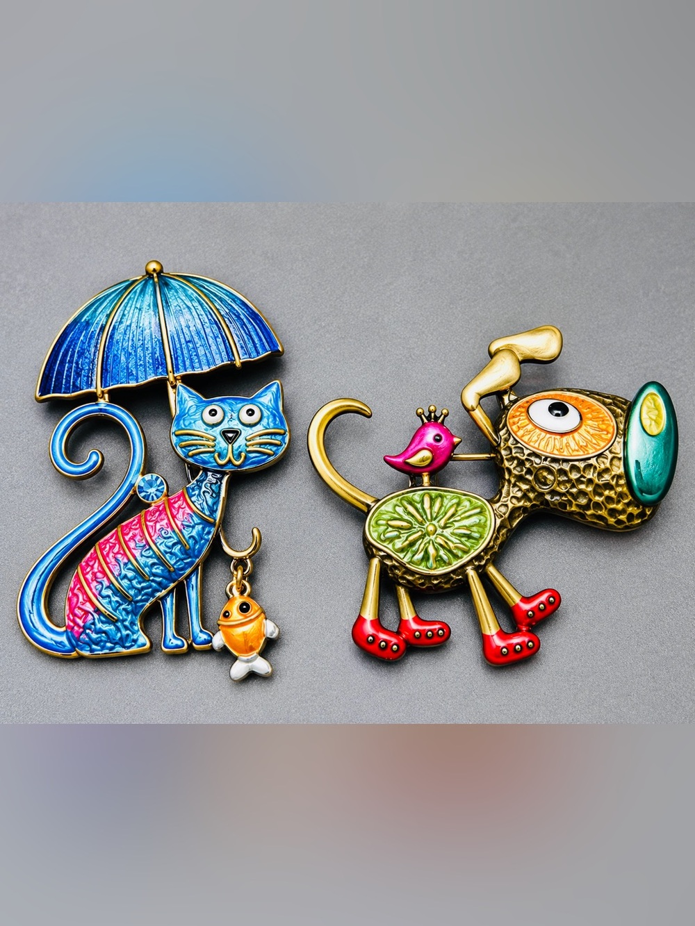 Colorful Cat & Bird Enamel Brooches